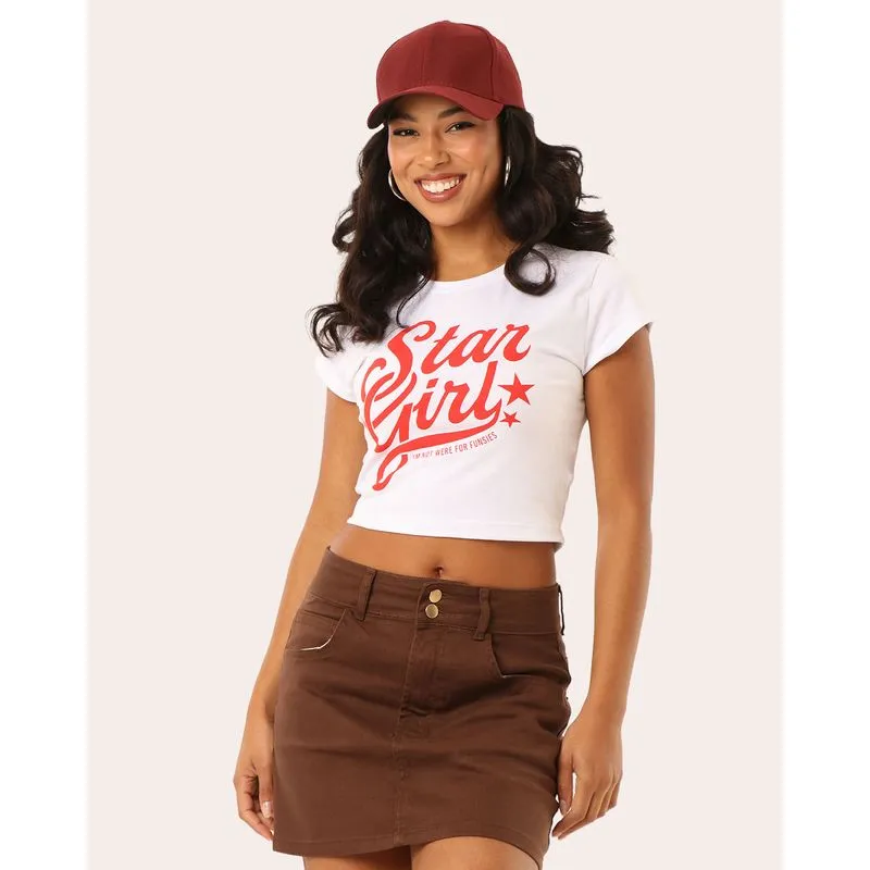 Blusa Feminina Cropped Estampa Star Girl Manga Curta Branco P