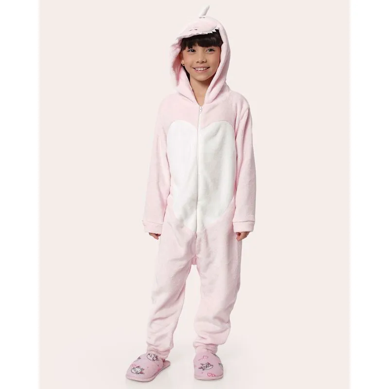 Pijama Kigurumi Infantil Dinossauro com Capuz Rosa 12