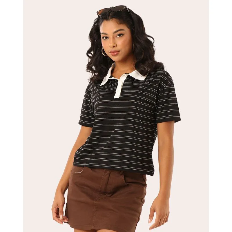 Blusa Polo Feminina Listrada Manga Curta Preta G