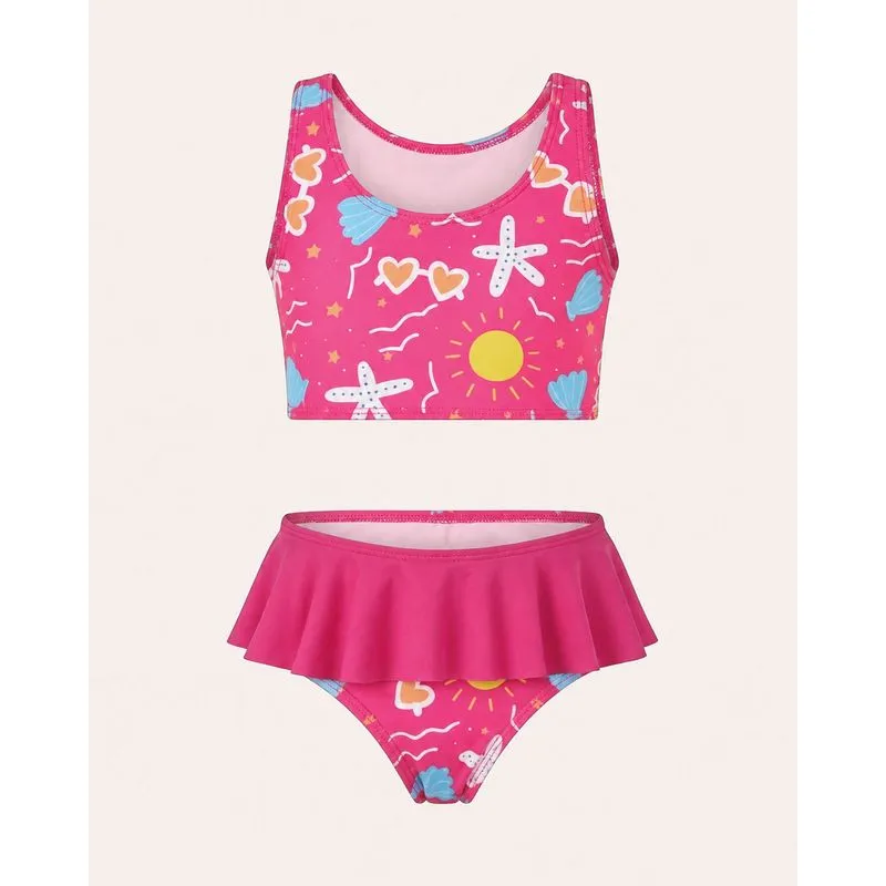 Conjunto Biquíni Infantil Nadador Estampado Babado Rosa 10