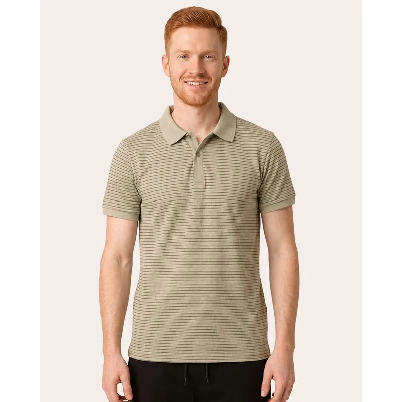 Camisa Polo Masculina Listrada Manga Curta Bege G