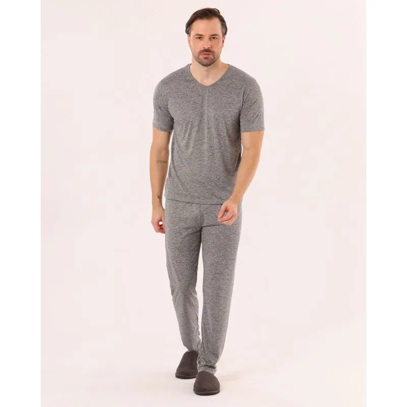 Pijama Longo Masculino Mesclado Cinza G