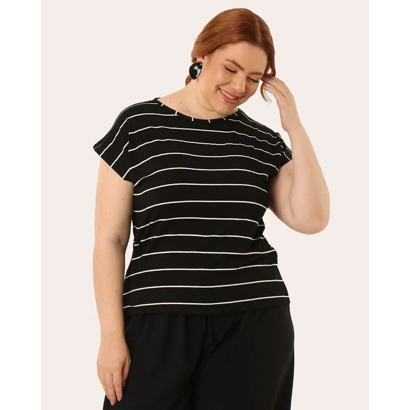 Blusa Plus Size Feminina Listrada Manga Deslocada Preta G2