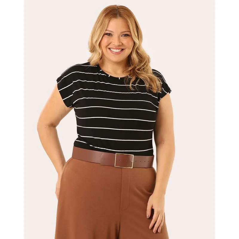 Blusa Feminina Plus Size Listrada Manga Curta Preta G4