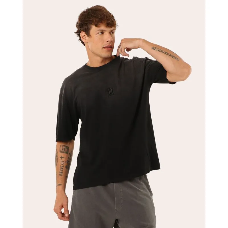 Camiseta Masculina Algodão Estonada Bordado Preto PP