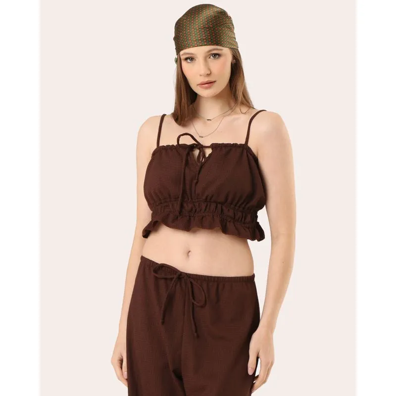 Regata Feminina Cropped Texturizada Alcinha Babado Marrom P