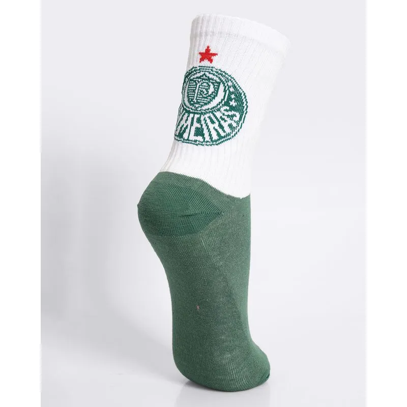 Meia Masculina Cano Alto Estampa Palmeiras Branca e Verde 38 A 43