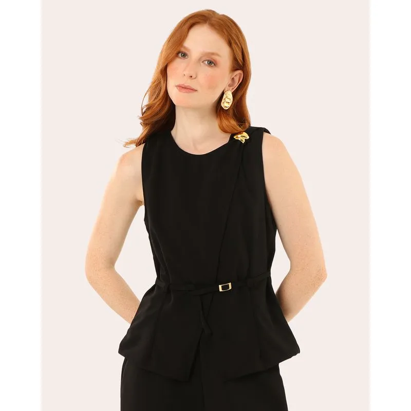 Blusa Feminina Transpassada com Pingente e Cinto Preto XG