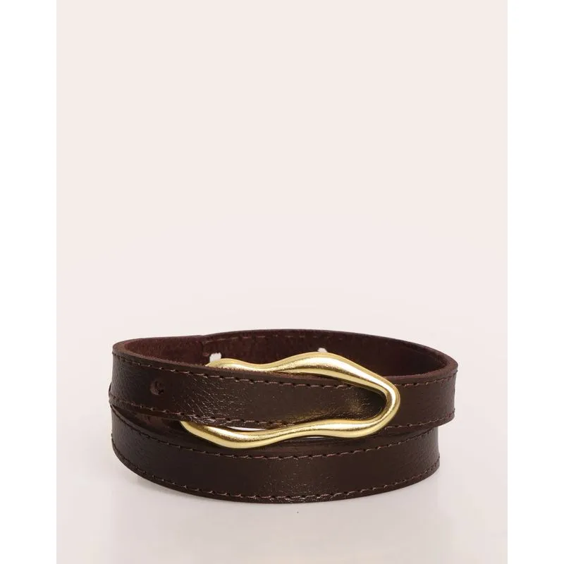 Cinto Feminino Fino com Fivela Orgânica Dourada Marrom GG