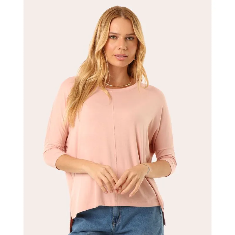 Blusa Feminina Ampla Manga 3/4 com Recorte Fendas Rosa G
