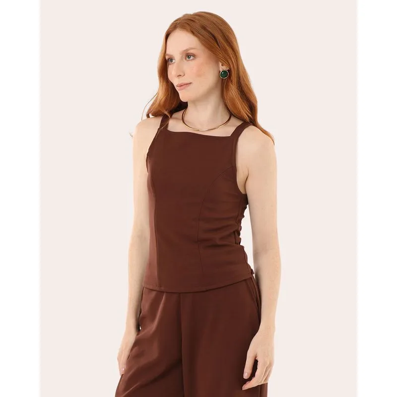Regata Feminina Texturizada Crepe Marrom PP