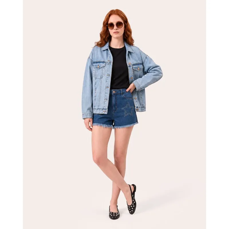 Shorts Jeans Feminina Mom Com Strass Estrela Azul 40