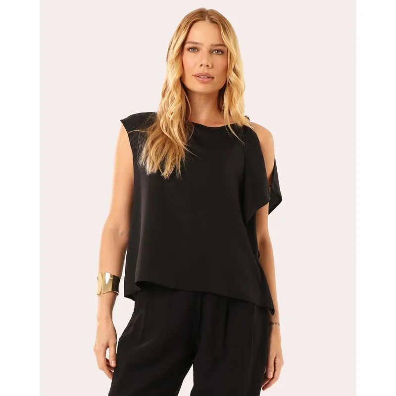 Blusa Feminina Assimétrica Manga Curta Preta XG