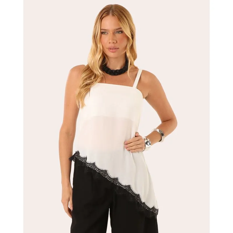 Blusa Feminina Chiffon Assimétrica Renda Alcinha Off White G