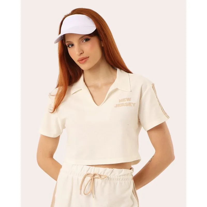 Blusa Polo Cropped Moletinho Bordado New Jersey Off White G