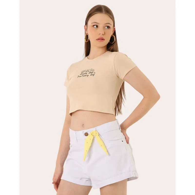 Camiseta Feminina Cropped com Estampa Manga Curta Bege P