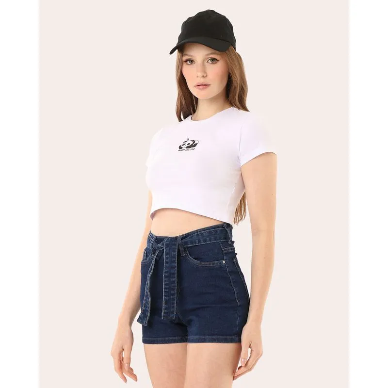 Camiseta Feminina Cropped Estampa Panda Manga Curta Branca GG