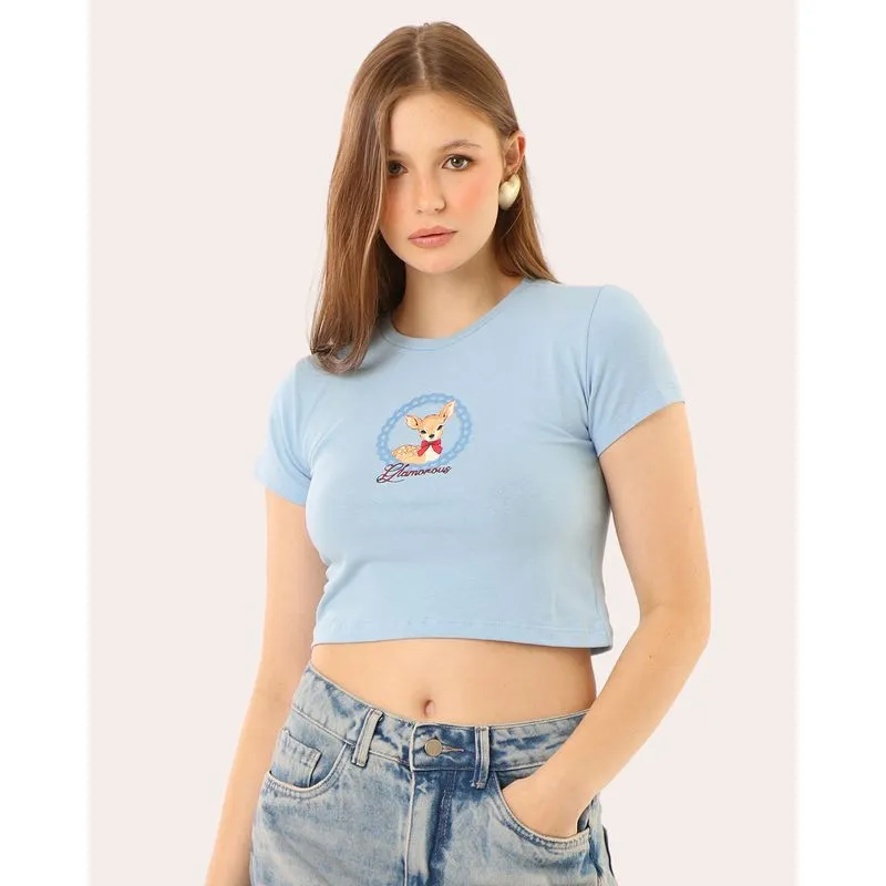 Blusa Feminina Cropped Estampa Cervo Manga Curta Azul M