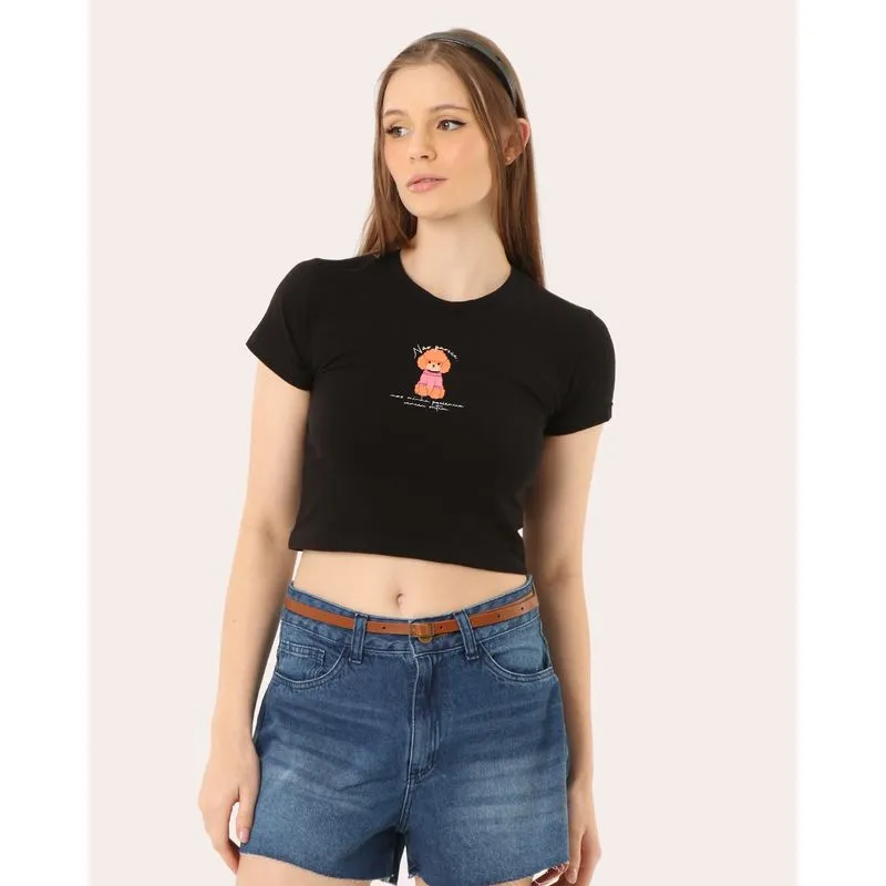 Blusa Feminina Cropped Algodão Cachorrinho Preta M