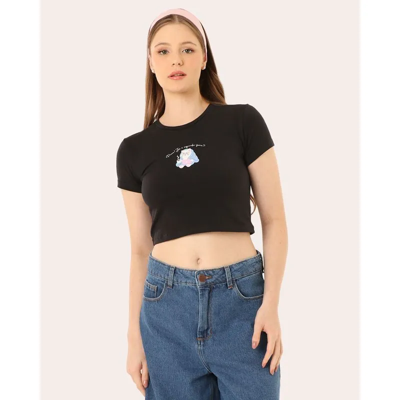 Blusa Feminina Cropped Gatinho Manga Curta Preta P