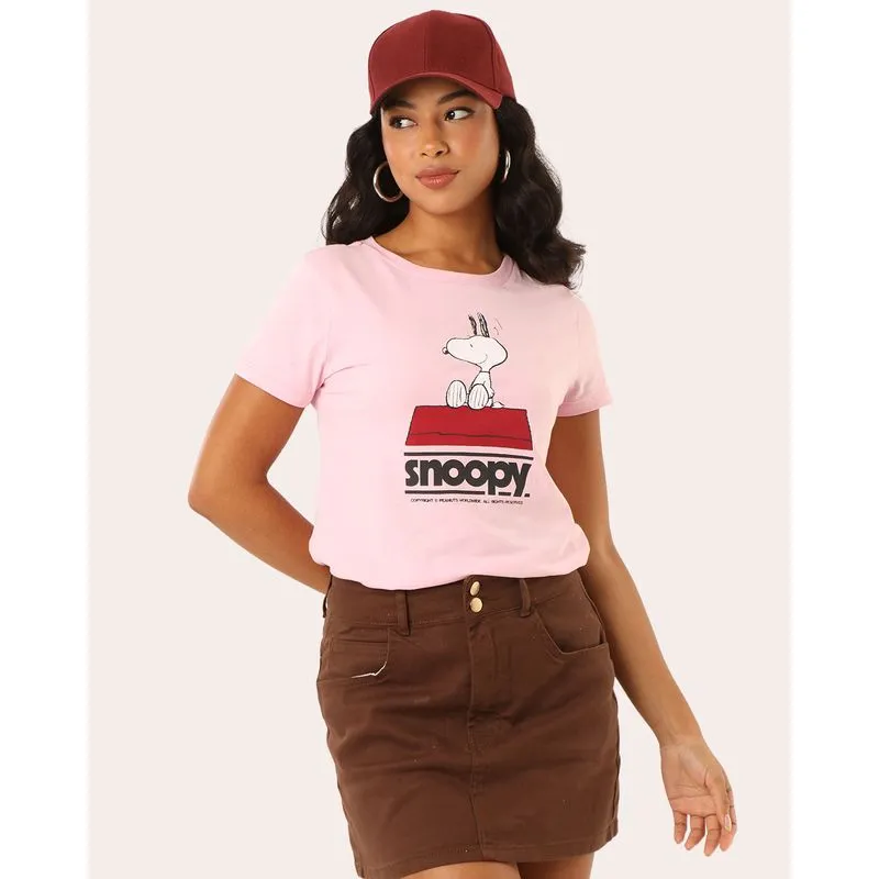 Camiseta Feminina Estampa Snoopy Manga Curta Rosa GG