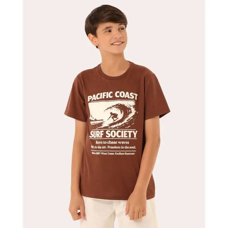 Camiseta Juvenil Algodão com Estampa Surf Manga Curta Marrom 18