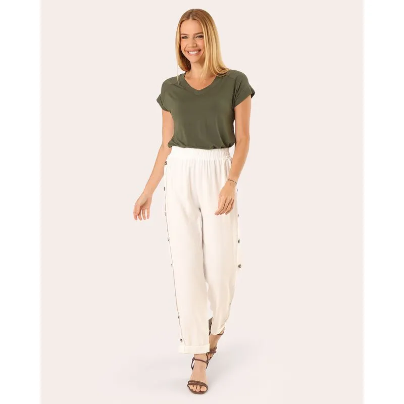Calça Feminina Reta Botões Laterais Off White G