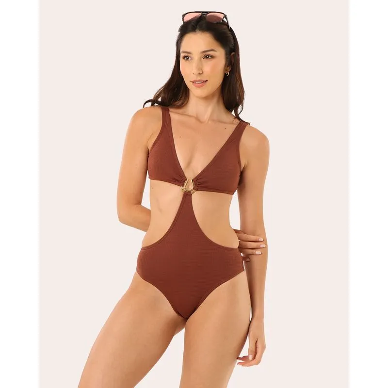 Maiô Feminino Texturizado Com Argola e Recorte Marrom PP