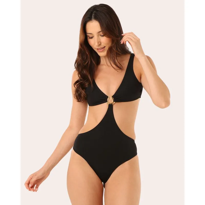 Maiô Feminino Texturizado Com Argola e Recorte Preto P