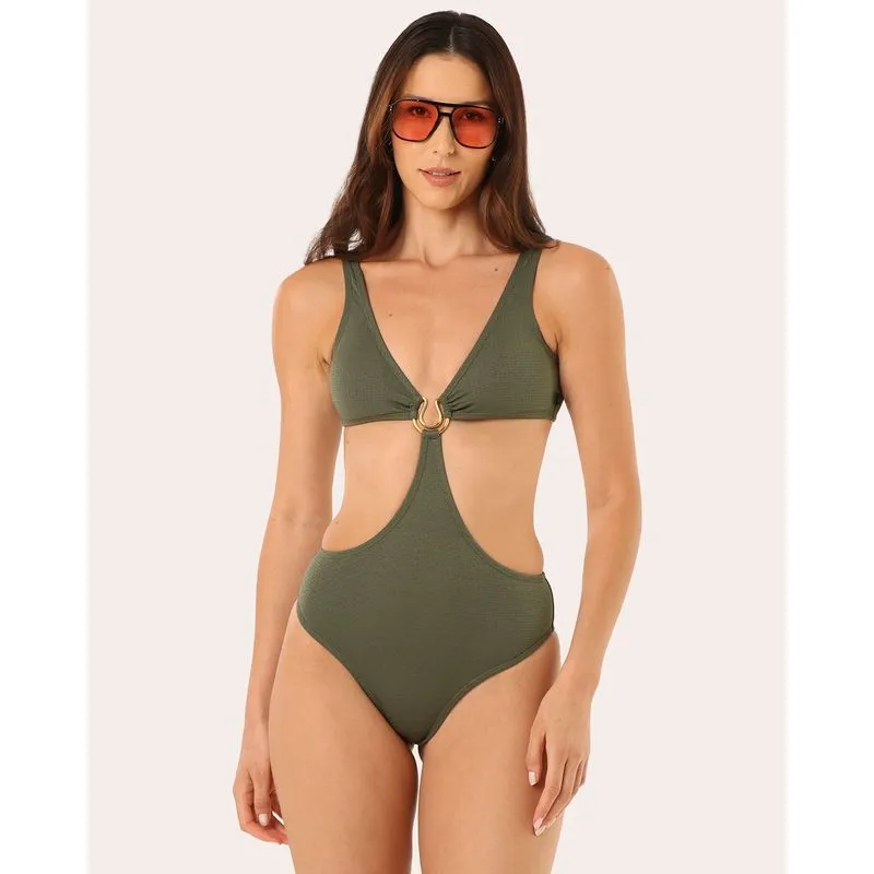 Maiô Feminino Texturizado Com Argola e Recorte Verde GG