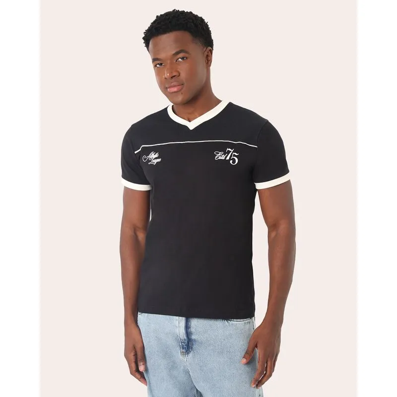 Camiseta Masculina Recorte com Viés Estampa Preta G