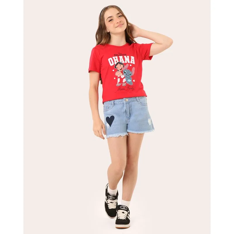 Short Jeans Juvenil Estampa Coração Strass Azul 16
