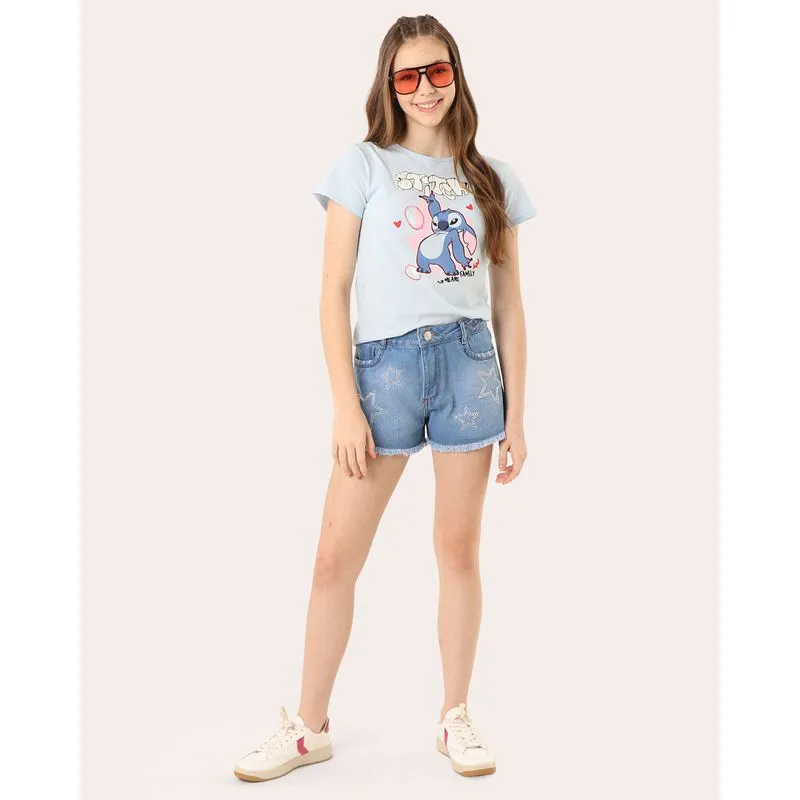 Short Jeans Juvenil Strass Estrela Azul 8