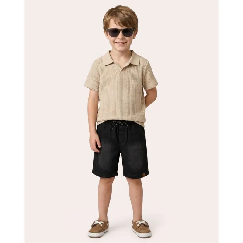 Bermuda Jeans Infantil Reta Estonado Preta 6