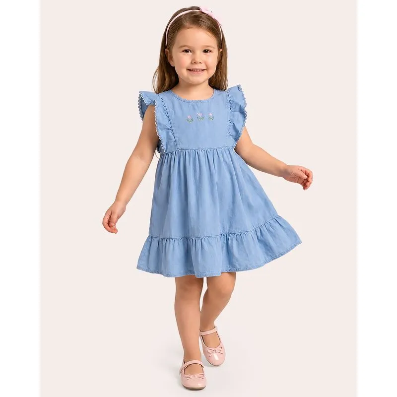 Vestido Jeans Bebê com Bordado Flores e Babados Azul 1