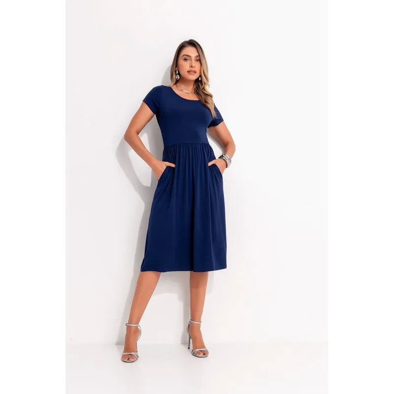 Vestido Midi com Bolsos Marinho GG