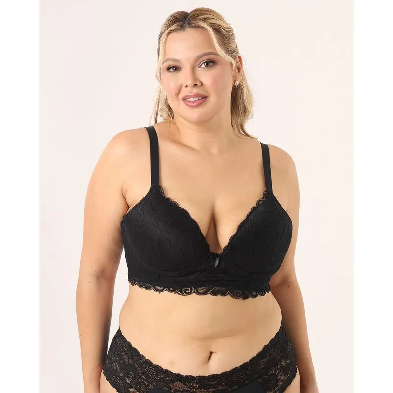 Sutiã Plus Size Feminino Alongado com Renda e Bojo Preto 52