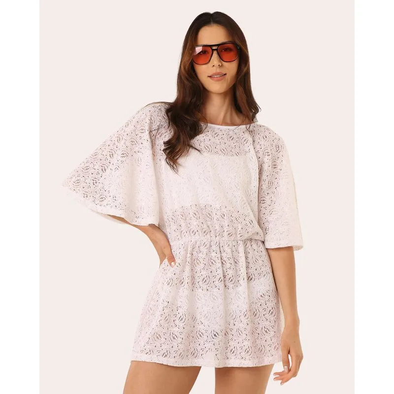 Saída De Praia Vestido De Renda com Elástico Branco PP