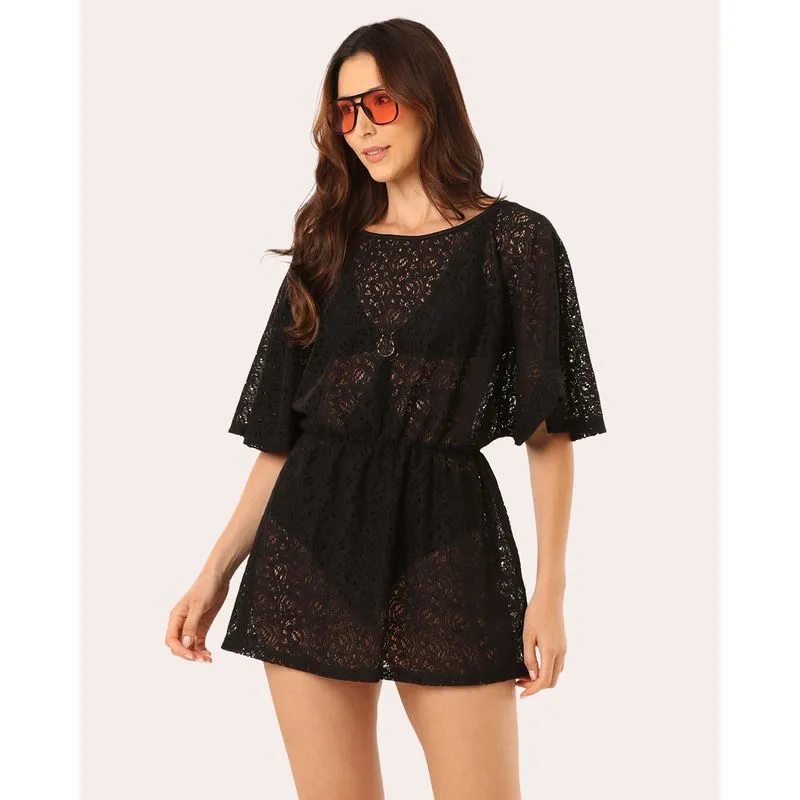Saída De Praia Vestido De Renda com Elástico Preto PP
