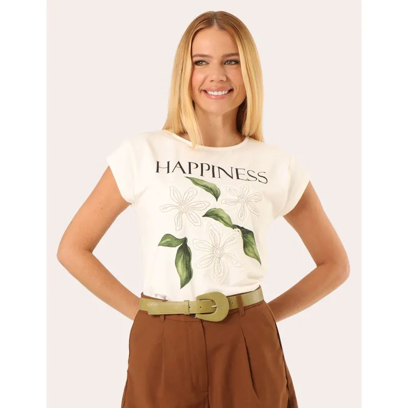 Blusa Feminina Estampa Alto Relevo Manga Curta Off White P