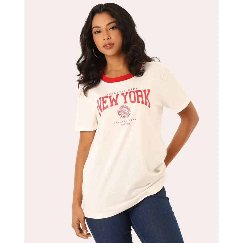 Camiseta Feminina Estampa New York Gola Bicolor Off White GG