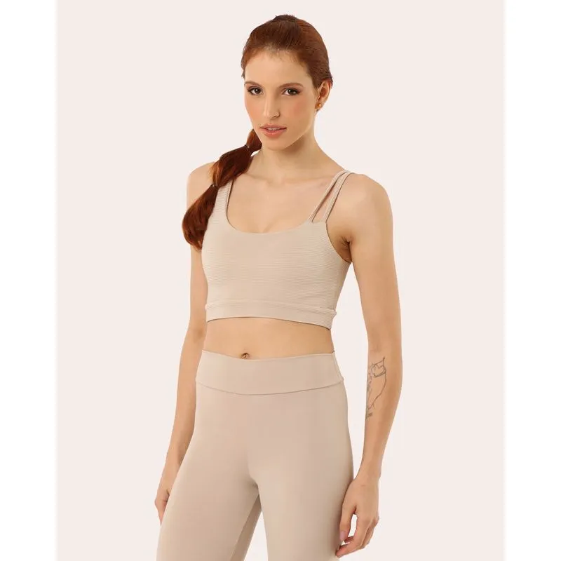 Top Fitness Feminino Canelado Alça Assimétrica Bege P