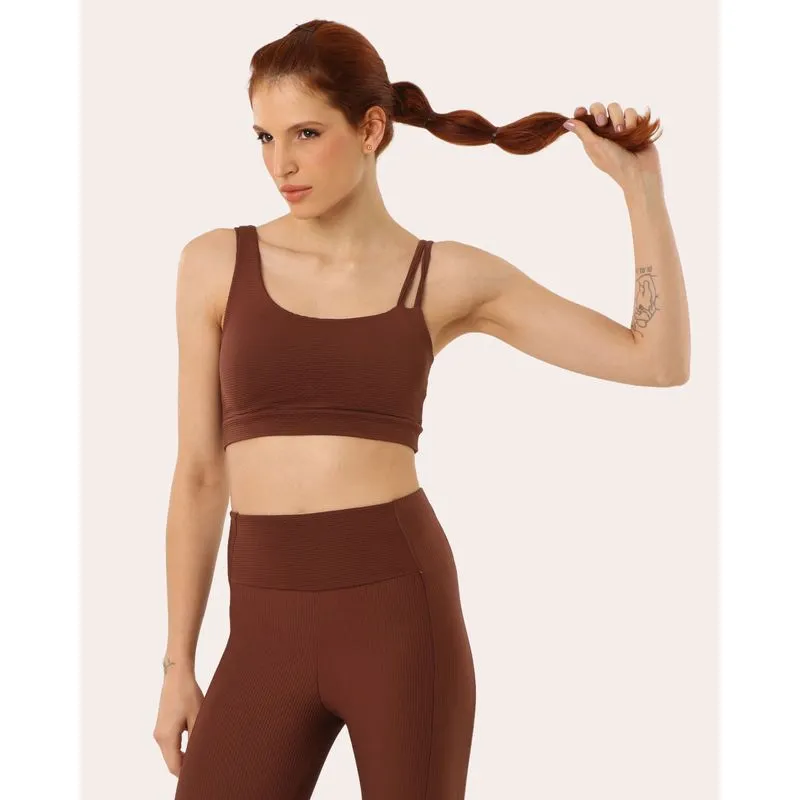 Top Fitness Feminino Canelado Alça Assimétrica Marrom PP