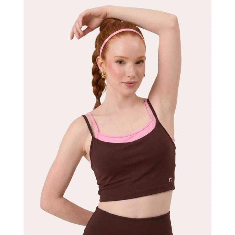 Top Duplo Feminino Fitness Fitter Alça Cruzada Marrom G