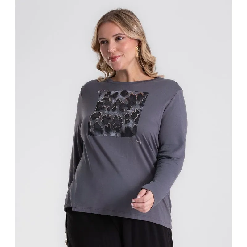 Blusa Manga Longa Estampa Plus Size Secret Glam Cinza Plus G1