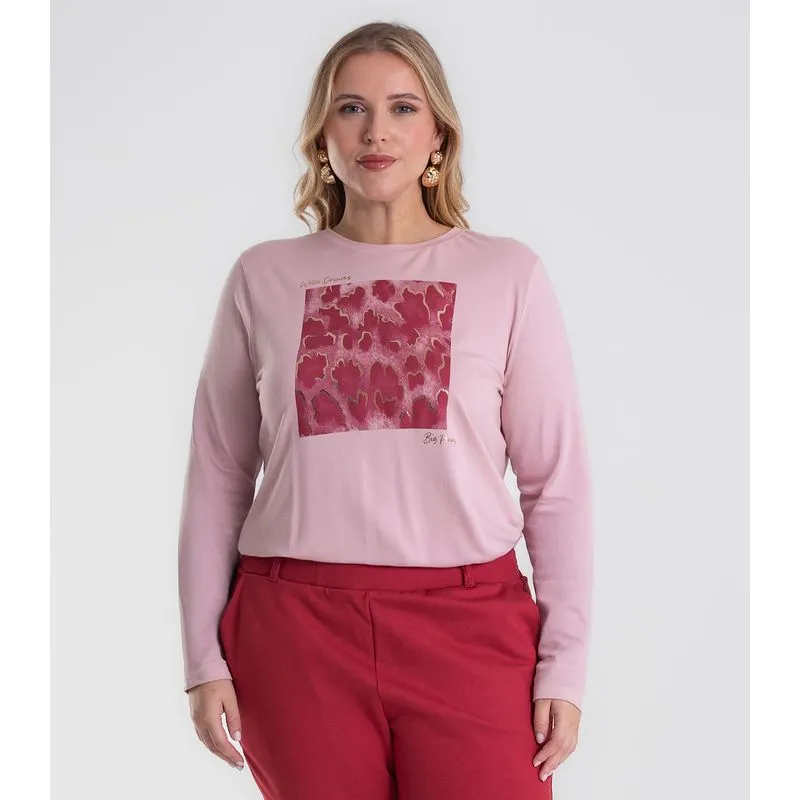 Blusa Manga Longa Estampa Plus Size Secret Glam Rosa Plus G3