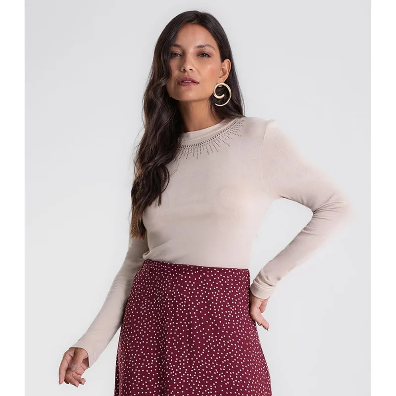 Blusa Feminina Manga Longa em Visco Tricot Endless Bege G