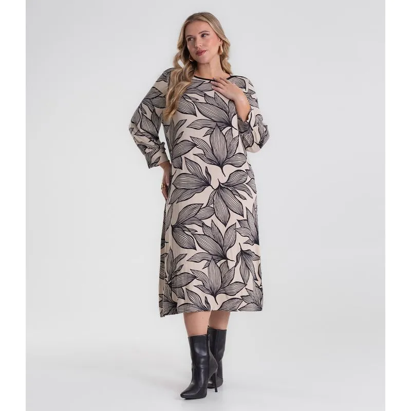 Vestido Midi Plus Size Manga 7/8 Secret Glam Bege Plus G1