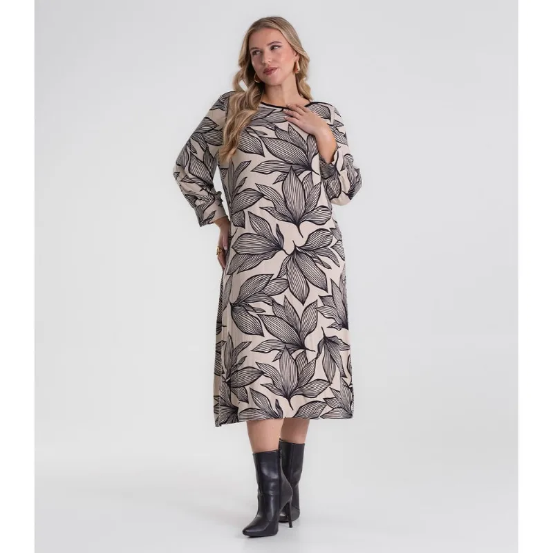Vestido Midi Plus Size Manga 7/8 Secret Glam Bege Plus G4
