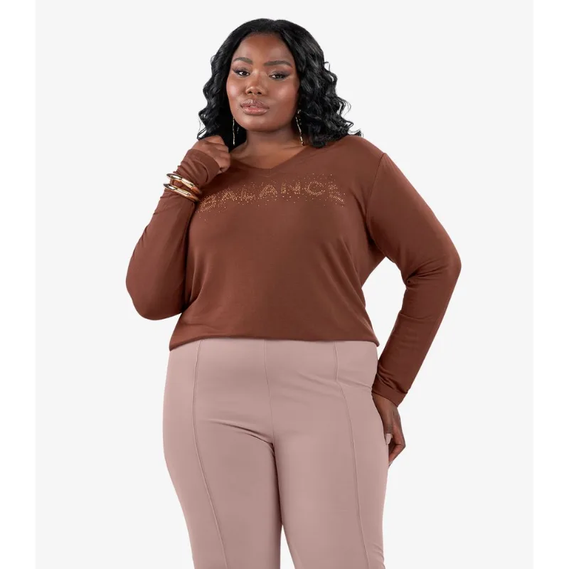 Blusa Manga Longa Plus Size Secret Glam Marrom Plus G1